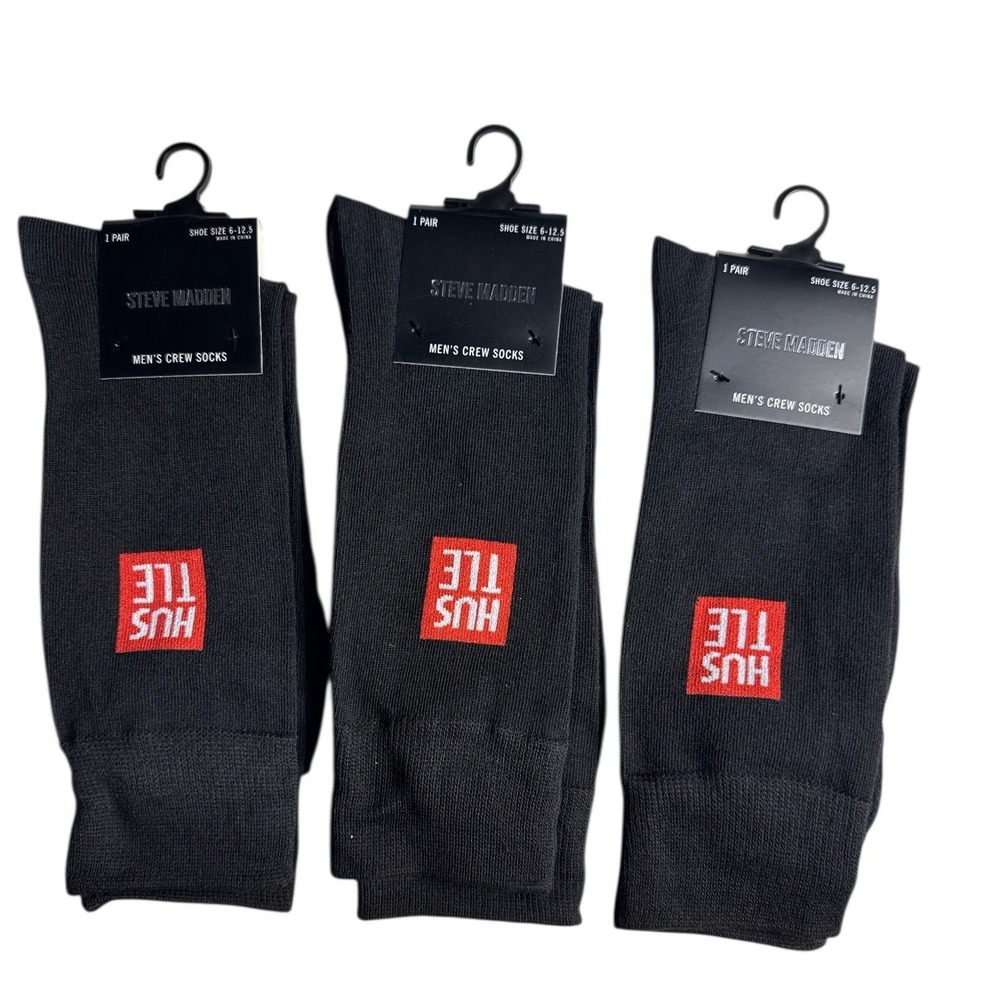 Steve Madden Crew Socks Black Graphics "Hustle" Mens Size 10-13 Shoe Size 6-12.5